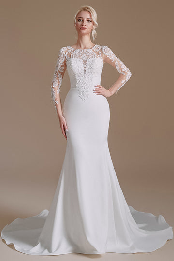 Sirena manga larga Sweep Train Vestido blanco de novia con encaje